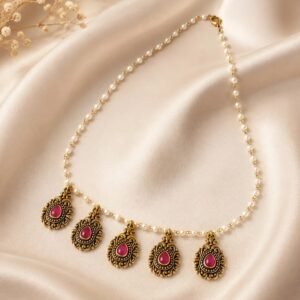 SRGems Traditional Indian Pearl Necklace Antique Gold Red Stone Statement Jewelry Brass Plated Brass Necklace